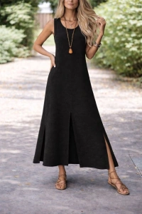 Kadın Yırtmaç Detay Kolsuz Maxi Boy Elbise