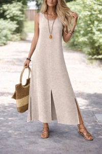 Kadın Yırtmaç Detay Kolsuz Maxi Boy Elbise