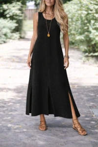 Kadın Yırtmaç Detay Kolsuz Maxi Boy Elbise