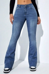 Kadın Yüksek Bel Cepli İspanyol Paçalı Kot Jeans Pantolon