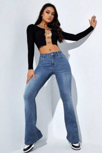 Kadın Yüksek Bel Cepli İspanyol Paçalı Kot Jeans Pantolon