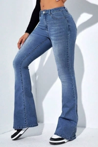 Kadın Yüksek Bel Cepli İspanyol Paçalı Kot Jeans Pantolon