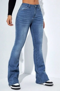 Kadın Yüksek Bel Cepli İspanyol Paçalı Kot Jeans Pantolon