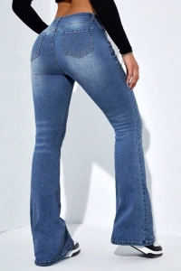 Kadın Yüksek Bel Cepli İspanyol Paçalı Kot Jeans Pantolon