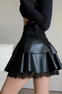 Kadın Yüksek Bel Fırfırlı Dantelli Kısa Deri Etek