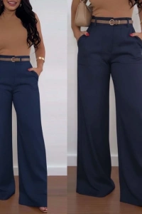 Kadın Yüksek Bel Geniş Paça Detaylı Cepli Ithal Krep Pantolon