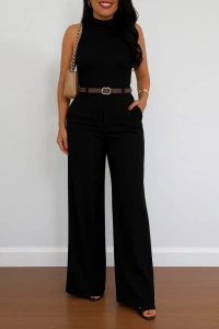 Kadın Yüksek Bel Geniş Paça Detaylı Cepli Ithal Krep Pantolon