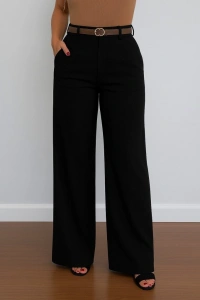 Kadın Yüksek Bel Geniş Paça Detaylı Cepli Ithal Krep Pantolon