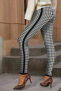 Kadın Yüksek Bel Kaz Ayağı Desenli Yanları şeritli Dalgıç Pantolon