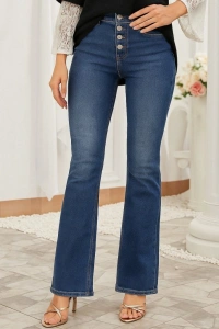 Kadın Yüksek Bel önden Düğmeli Cep Detay Ispanyol Paça Denim Pantolon