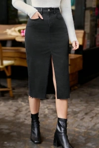 Kadın Yüksek Bel önden Yırtmaçlı Cepli Midi Kot Etek