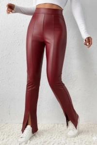 Kadın Yüksek Bel önden Yırtmaçlı Deri Tayt