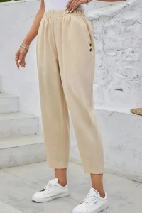 Kadın Yüksek Bel Yandan Cepli Düğme Detaylı Geniş Kesim Ithal Krep Pantolon