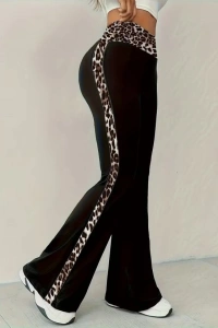 Kadın Yüksel Bel Leopar Desen Detaylı Ispanyol Paçalı Dalgıç Pantolon