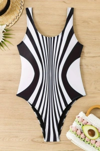 Kadın Yuvarlak Yaka Askılı Zebra Desen Baskılı Dalgıç Mayo