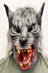 Kafaya Tam Geçmeli Lateks Dil Çıkaran Mavi Gözlü Kurt Maskesi