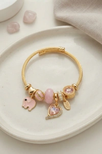 Kalp ve Fil Model Pembe Charmlı Bileklik