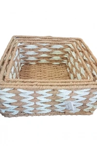 Kare Örgü Desenli Doğal Hasır Sepet Seti - 3lü