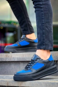 KB-X8 Kuback Siyah Cilt Mavi Süet Detaylı Siyah Yüksek Taban Günlük Spor Ayakkabı