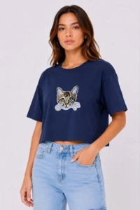 Kedi Baskılı Oversize Crop Tişört Salaş Basic Yarım Kol T-shirt - Lacivert