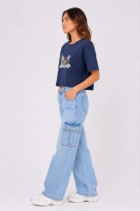 Kedi Baskılı Oversize Crop Tişört Salaş Basic Yarım Kol T-shirt - Lacivert