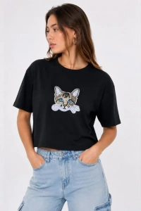 Kedi Baskılı Oversize Crop Tişört Salaş Basic Yarım Kol T-shirt - Siyah