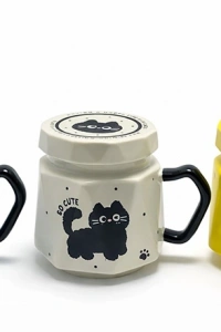 Kedi Desenli Kapaklı Seramik Kupa Bardak