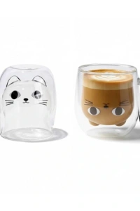 Kedi Figürlü Çift Cidarlı Cam Bardak