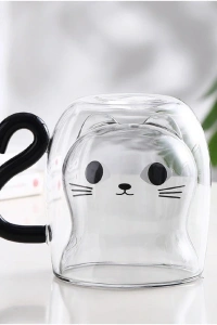 Kedi Figürlü Çift Cidarlı Cam Bardak