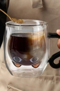 Kedi Figürlü Çift Cidarlı Cam Bardak