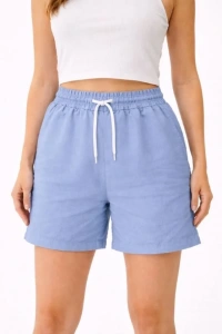 Keten Kumaş Cepli Rahat Kesim Bel Lastikli Şort - Mavi