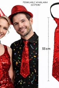 Kırmızı Renk Pul Payetli Işıltılı Parti Kravatı 33 cm