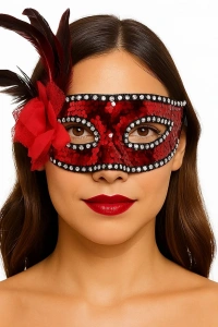 Kırmızı Renk Yandan Tüylü Güllü Gümüş Taşlı Pullu Maske 20x22 cm