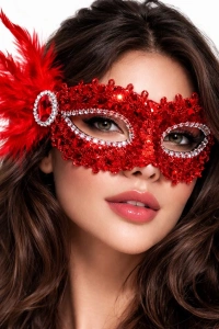 Kırmızı Taşlı Venedik Parti Maskesi – Tüylü Payetli