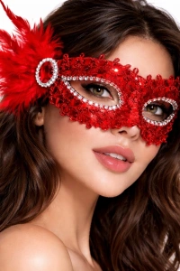 Kırmızı Taşlı Venedik Parti Maskesi – Tüylü Payetli