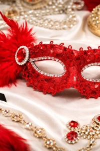 Kırmızı Taşlı Venedik Parti Maskesi – Tüylü Payetli