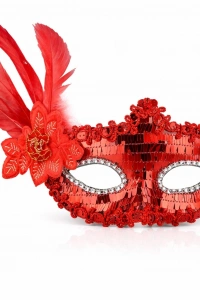 Kırmızı Tüylü Payetli Lüks Taşlı Parti Maskesi