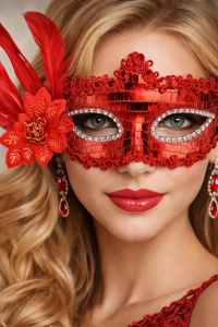Kırmızı Tüylü Payetli Lüks Taşlı Parti Maskesi