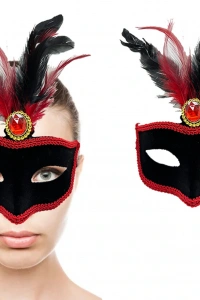 Kırmızı Tüylü Siyah Süet Kaplama Parti Maskesi