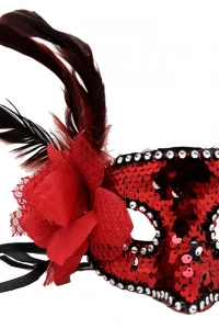 Kırmızı Yandan Tüylü Güllü Taşlı Pullu Maske