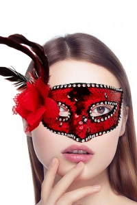 Kırmızı Yandan Tüylü Güllü Taşlı Pullu Maske