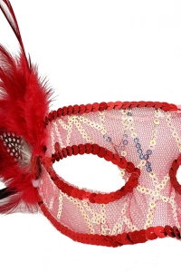 Kırmızı Yandan Tüylü Payetli Parti Maskesi