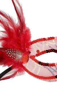 Kırmızı Yandan Tüylü Payetli Parti Maskesi