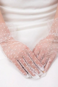 Kısa Boy Güpürlü Beyaz Puantiyeli Tül Eldiven