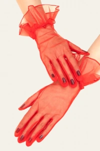 Kısa Boy Likralı Güpürlü Yetişkin Tül Eldiven Kırmızı Renk