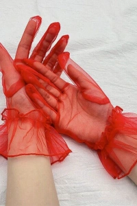 Kısa Boy Likralı Güpürlü Yetişkin Tül Eldiven Kırmızı Renk