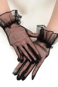 Kısa Boy Likralı Güpürlü Yetişkin Tül Eldiven Siyah