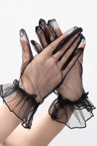 Kısa Boy Likralı Güpürlü Yetişkin Tül Eldiven Siyah