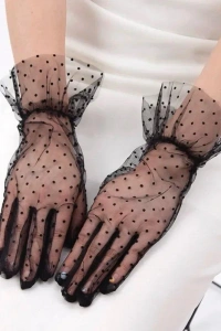 Kısa Güpürlü Siyah Puantiyeli Tül Eldiven