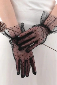Kısa Güpürlü Siyah Puantiyeli Tül Eldiven
